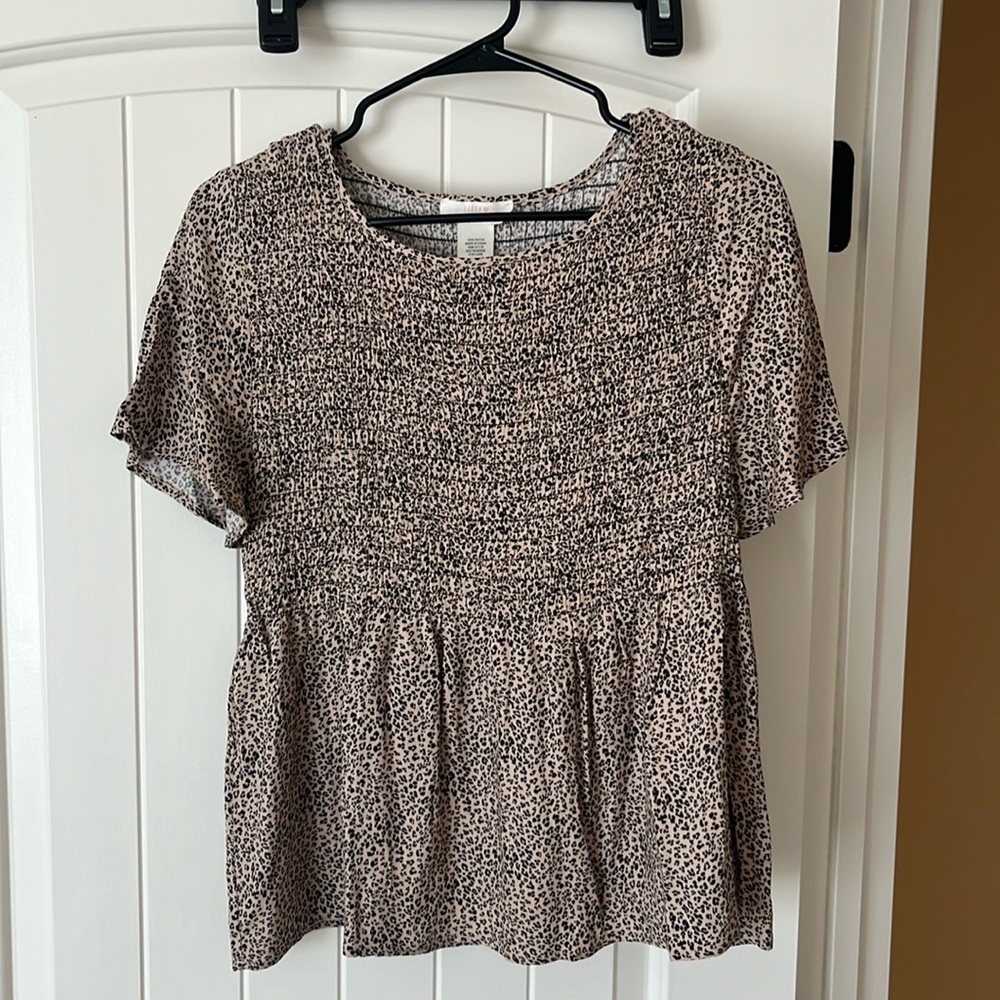 Urban Romantics Leopard Print Smocked Short Sleeve Blouse - Size Medium, New